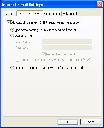 Outlook outgoing server details