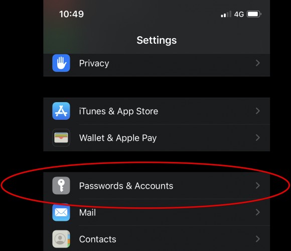 List of settings with passwords and accounts highlighted