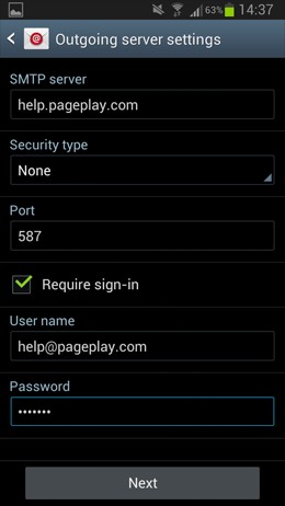 Android screenshot - Enter outgoing server settings