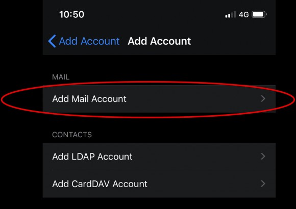 List of new account choices with 'Add Mail Account' highlighted